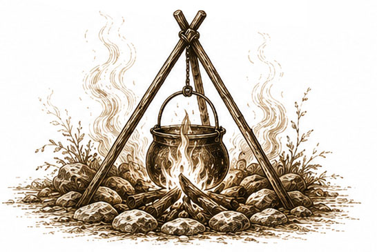 Campfire with cooking pot