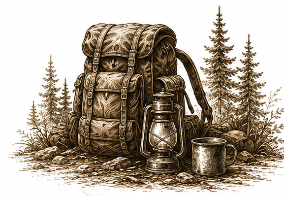 Backpack, lantern and tin mug
